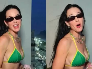 Katy Perry se despede do Brasil com biquíni 'patriota' e recado na sacada