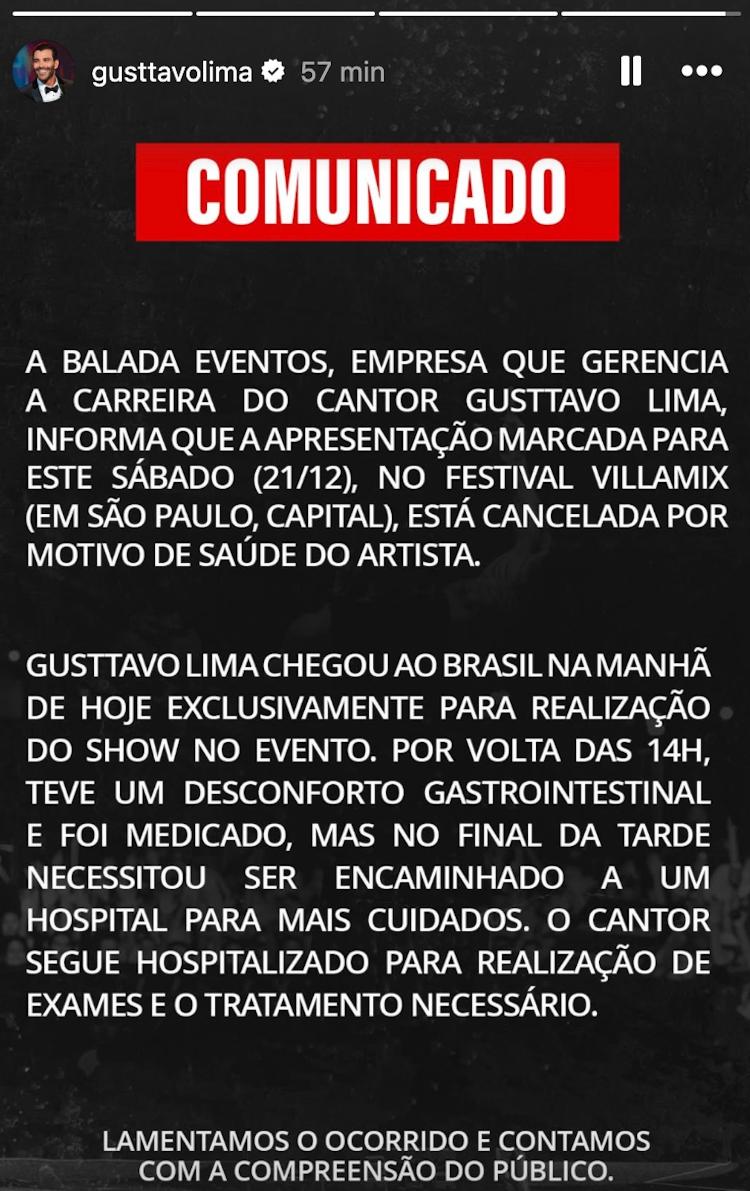 Comunicado de Gusttavo Lima que explica cancelamento do show no VillaMix Festival