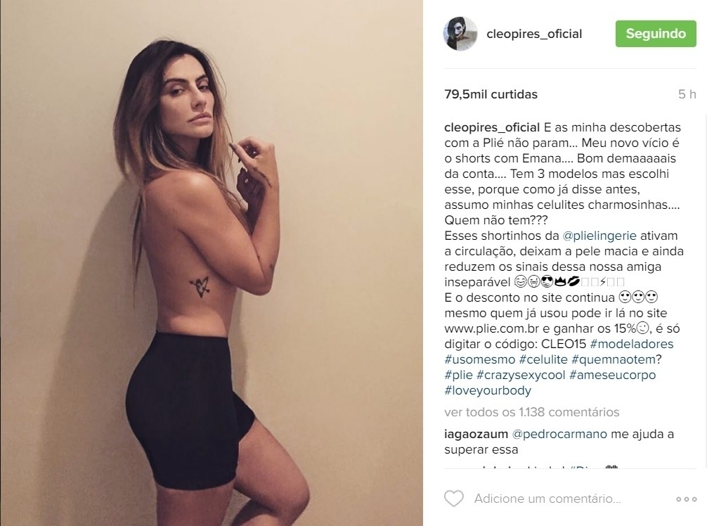 25.jul.2016 - Na noite desta segunda-feira, Cleo Pires postou uma foto no Instagram em que aparece fazendo topless. Na legenda, a atriz disse que não se incomoda com celulites no corpo. "Escolhi esse modelo porque como já disse antes, assumo minhas celulites charmosinhas. Quem não tem?", escreveu - Reprodução /Instagram /cleopires_oficial