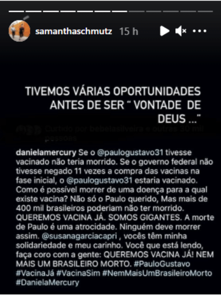 Story de Samantha Schmütz criticando o argumento de que Paulo Gustavo teria morrido pela "vontade de Deus" - Reprodução/Instagram - Reprodução/Instagram