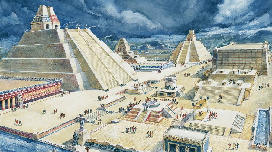 Ilustração mostra a praça central e o Templo Maior no século 16: Hernán Cortés descreveu Tenochtitlán como a cidade dos palácios - DEA PICTURE LIBRARY/DE AGOSTINI VIA GETTY IMAGES
