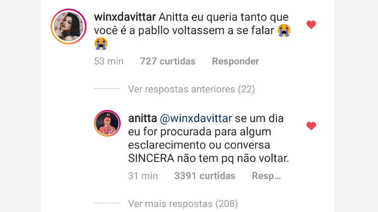 Anitta responder a seguidor sobre briga com Pabllo Vittar - Reprodução/Instagram - Reprodução/Instagram