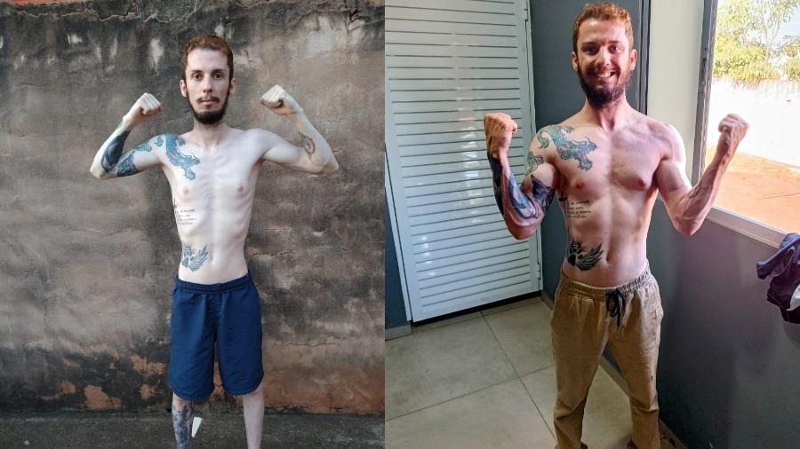 Antes e depois do vereador Rodrigo Giraldelli Maldonado, 29, que foi dos 47 kg aos 62 kg em três meses - Arquivo pessoal