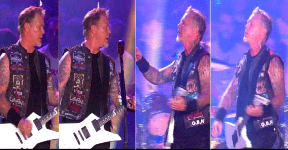 19.set.2015 - Pouco depois, o microfone de James Hetfield falhou também e ele se virou para o lado e bufou visivelmente irritado - Reprodução