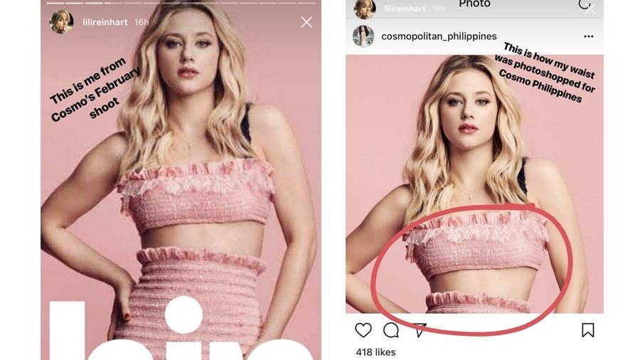 Antes e depois do Photoshop usado na imagem de Lili Reinhart  - Reprodução/Instagram