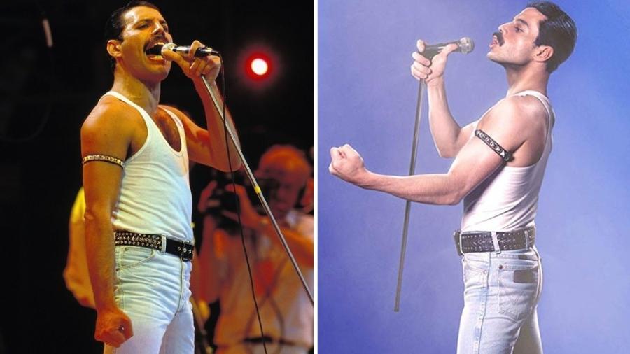 O cantor Freddie Mercury e o ator Rami Malek, que o interpretou em "Bohemian Rhapsody" - Getty Images/20th Century Fox