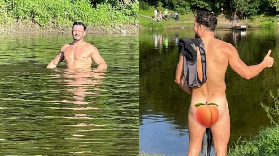 Orlando Bloom posa nu ao nadar em lago e tampa bumbum com emoji de pêssego  - Reprodução/Instagam
