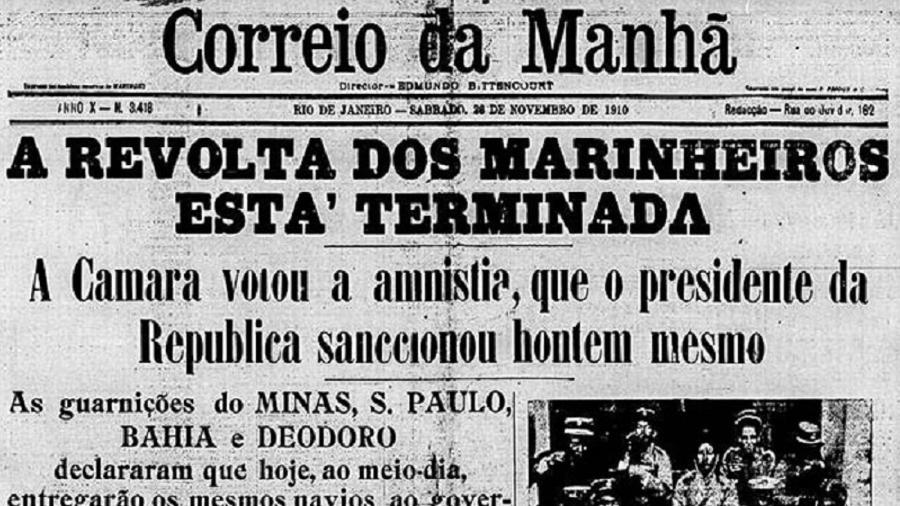 Jornal Correio da Manhã mostra revolta da chibata, movimento liderado pelo Almirante Negro João Cândido - Reprodução