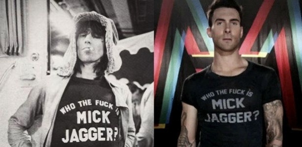 Keith Richards, dos Rolling Stones, e Adam Levine, do Maroon 5, usam camisa brincando com Mick Jagger - Reprodução - Reprodução