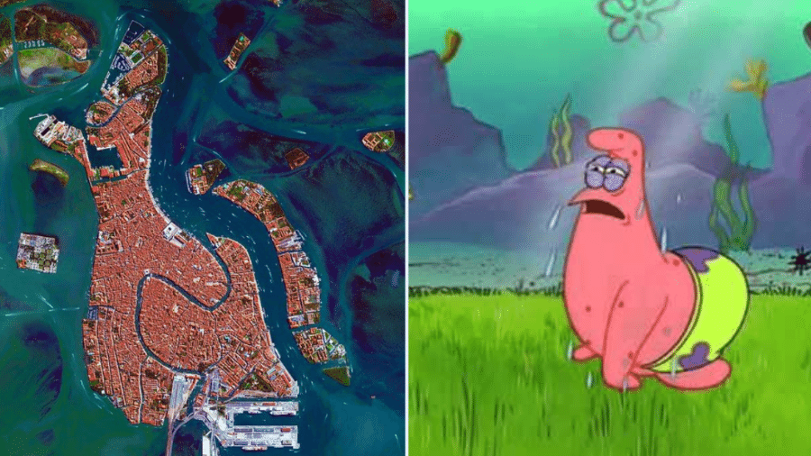 Veneza, vista de cima, e o meme do "Patrick com sede": separados no nascimento? - Reprodução/Twitter