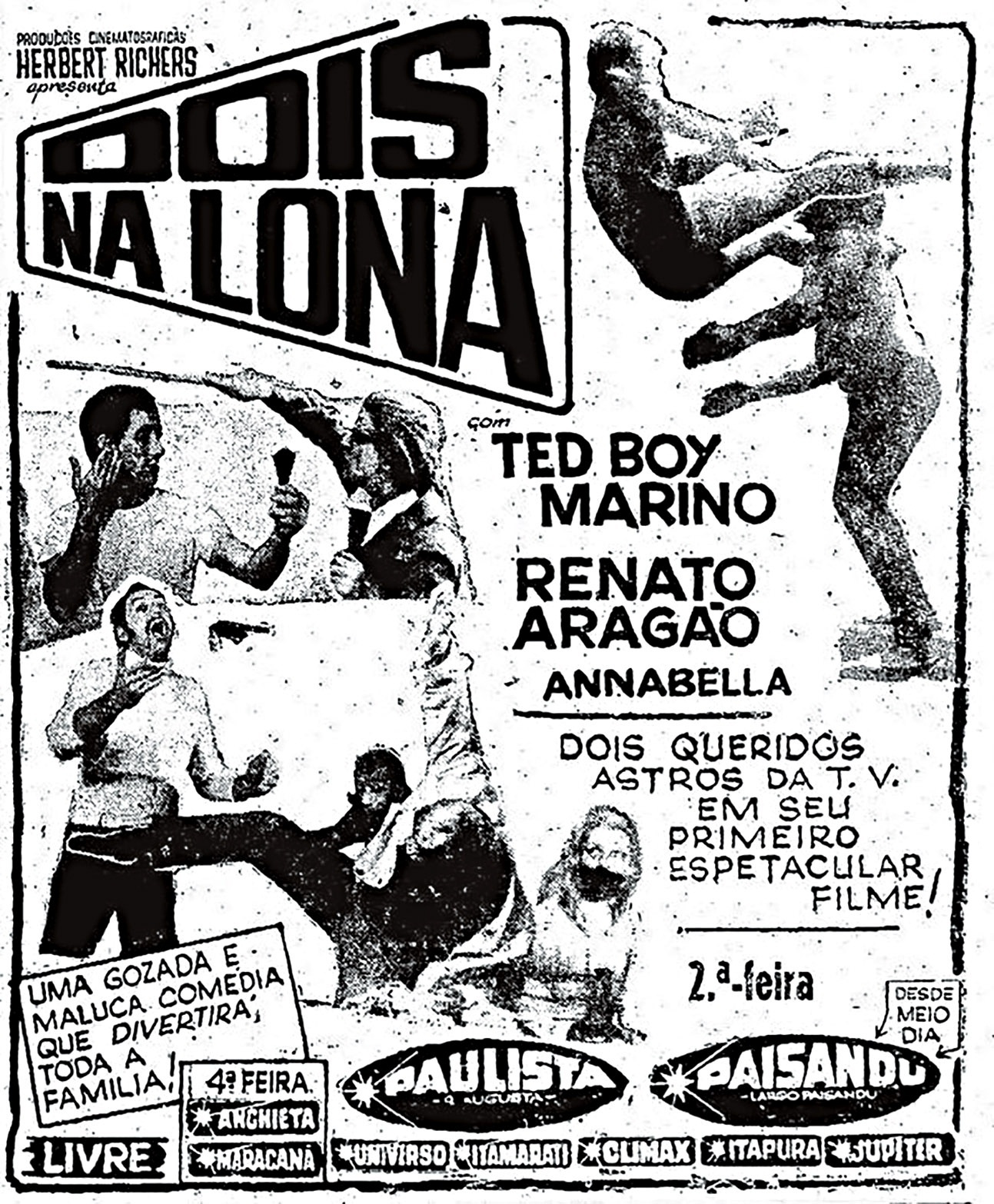 Lançado em 1968, "Dois na Lona" apresenta a primeira formação dos Trapalhões, com Renato Aragão e Ted Boy Marino - Divulgação