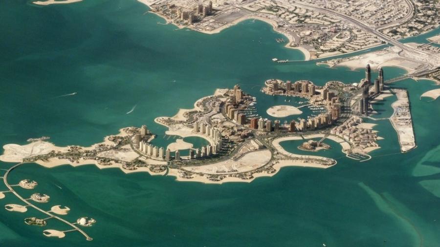 The Pearl Island, em Doha, é uma ilha construída artificialmente e um símbolo de luxo em Doha, a capital do Qatar - SkyScan