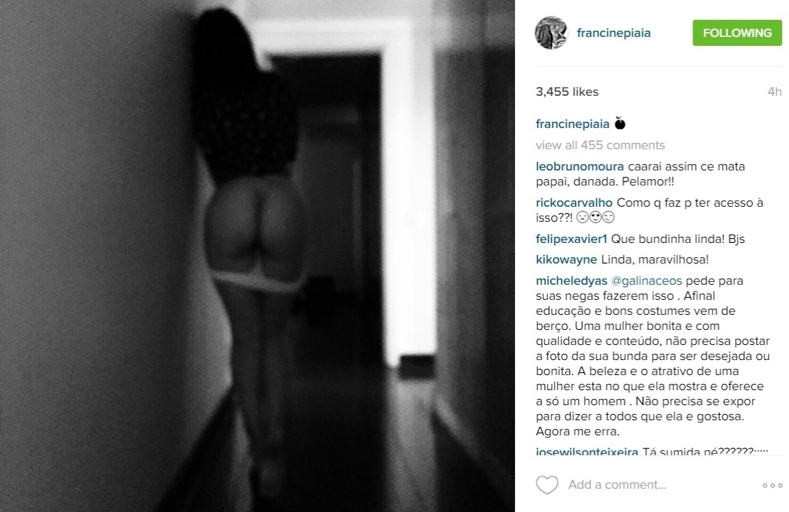 11.jan.2015 - Na noite desta segunda-feira, a ex-BBB  Francini Piaia abaixou a calcinha e deixou o bumbum à mostra em uma foto publicada em seu Instagram. Terceira colocada do "BBB9", Francini formou um casal com Max Porto dentro da casa, mas o romance acabou alguns meses após o fim do reality - Reprodução /Instagram /francinepiaia