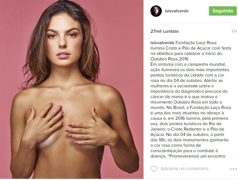 4.out.2016- Isis Valverde posa de topless para alertar as mulheres e a sociedade sobre a importância do diagnóstico precoce do câncer de mama na campanha Outubro Rosa - Reprodução/Instagram