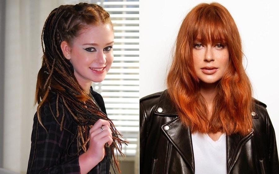 Marina Ruy Barbosa começou ainda criança na TV e teve seu crescimento acompanhado pelos telespectadores. Aos 14 anos, a ruiva topou mudar radicalmente os famosos cabelos e usou dreadlocks para a novela "Escrito nas Estrelas". Hoje, aos 23 e casada, está com franjas para a próxima trama das nove, "O Sétimo Guardião", mas o rostinho de menina é o mesmo - Montagem/UOL