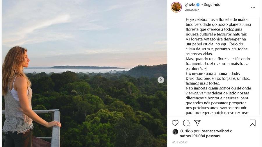 Gisele Bündchen comemora Dia da Floresta Amazônica e pede preservação - reprodução/Instagram