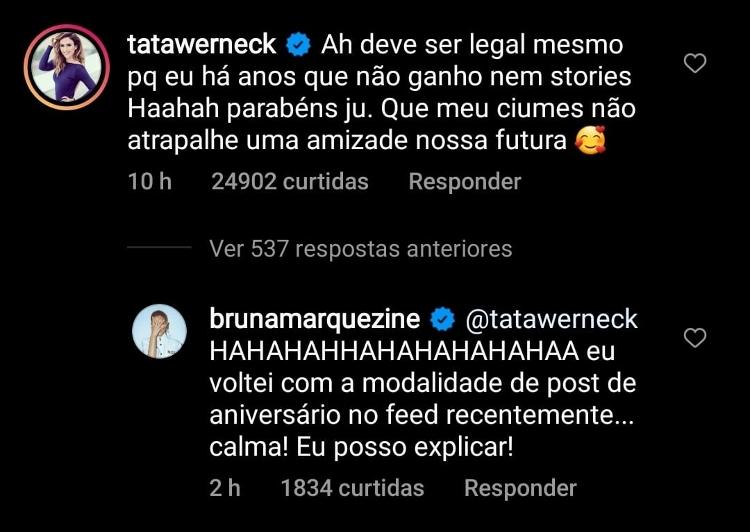 Tatá não deixou barato e foi questionar a amiga nos comentários - Reprodução/Instagram - Reprodução/Instagram