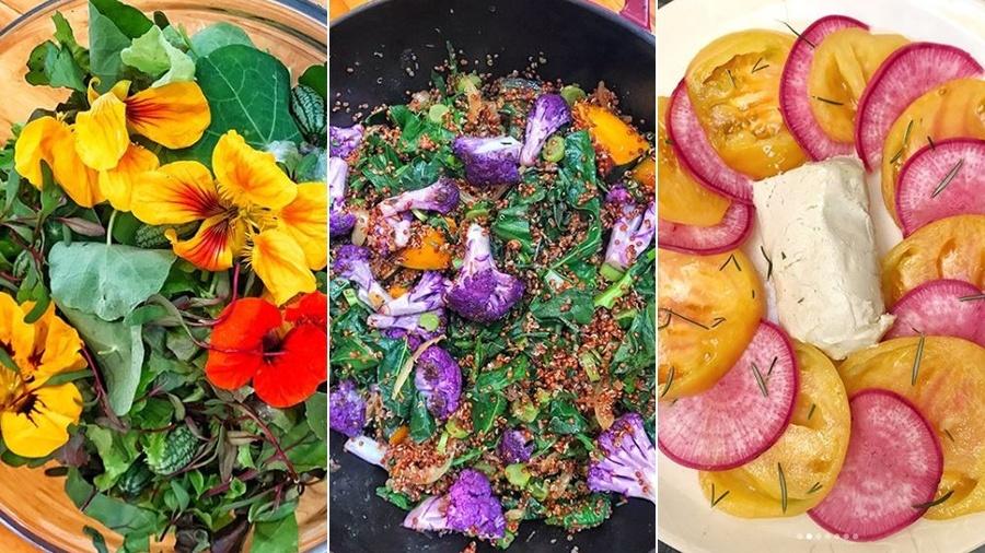 Gabriela Pugliesi posta alguns pratos do seu almoço "plant based" no Instagram: salada verde com folhas e flores,  salada de quinoa com folhas de brocolis, couve-flor roxa e abóbora e salada de rabanete rosa, tomates amarelos e queijo vegano  - Reprodução/Instagram/@gabrielapugliesi