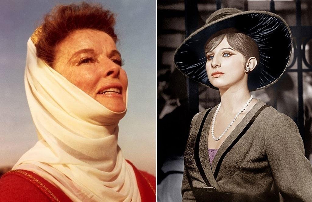 À esquerda, Katharine Hepburn em cena em "O Leão no Inverno" (1968). À direita, Barbra Streisand em cena em "Funny Girl - Uma garota genial" (1968) - Divulgação