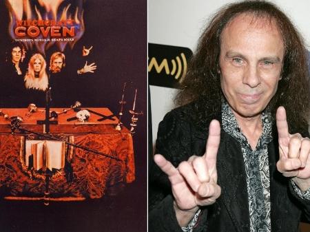 A contracapa do disco de estreia do Coven, de 1969, e Ronnie James Dio fazendo o símbolo que consagrou - Reprodução e Getty Images