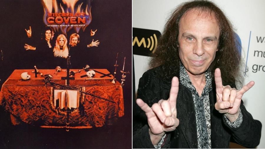 A contracapa do disco de estreia do Coven, de 1969, e Ronnie James Dio fazendo o símbolo que consagrou - Reprodução e Getty Images