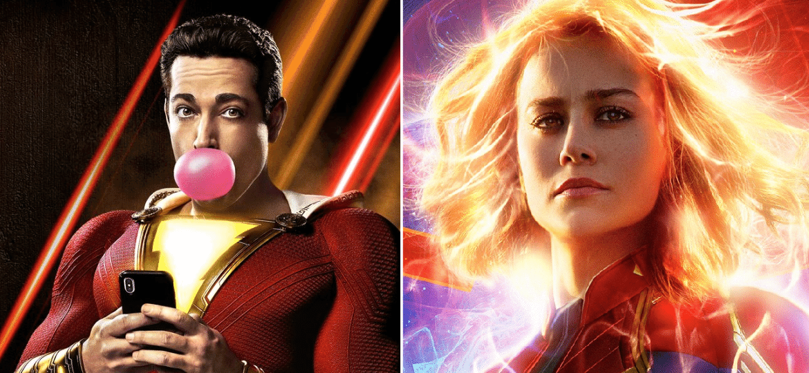 Zachary Levi em "Shazam!" e Brie Larson em "Capitã Marvel" - Divulgação/Montagem