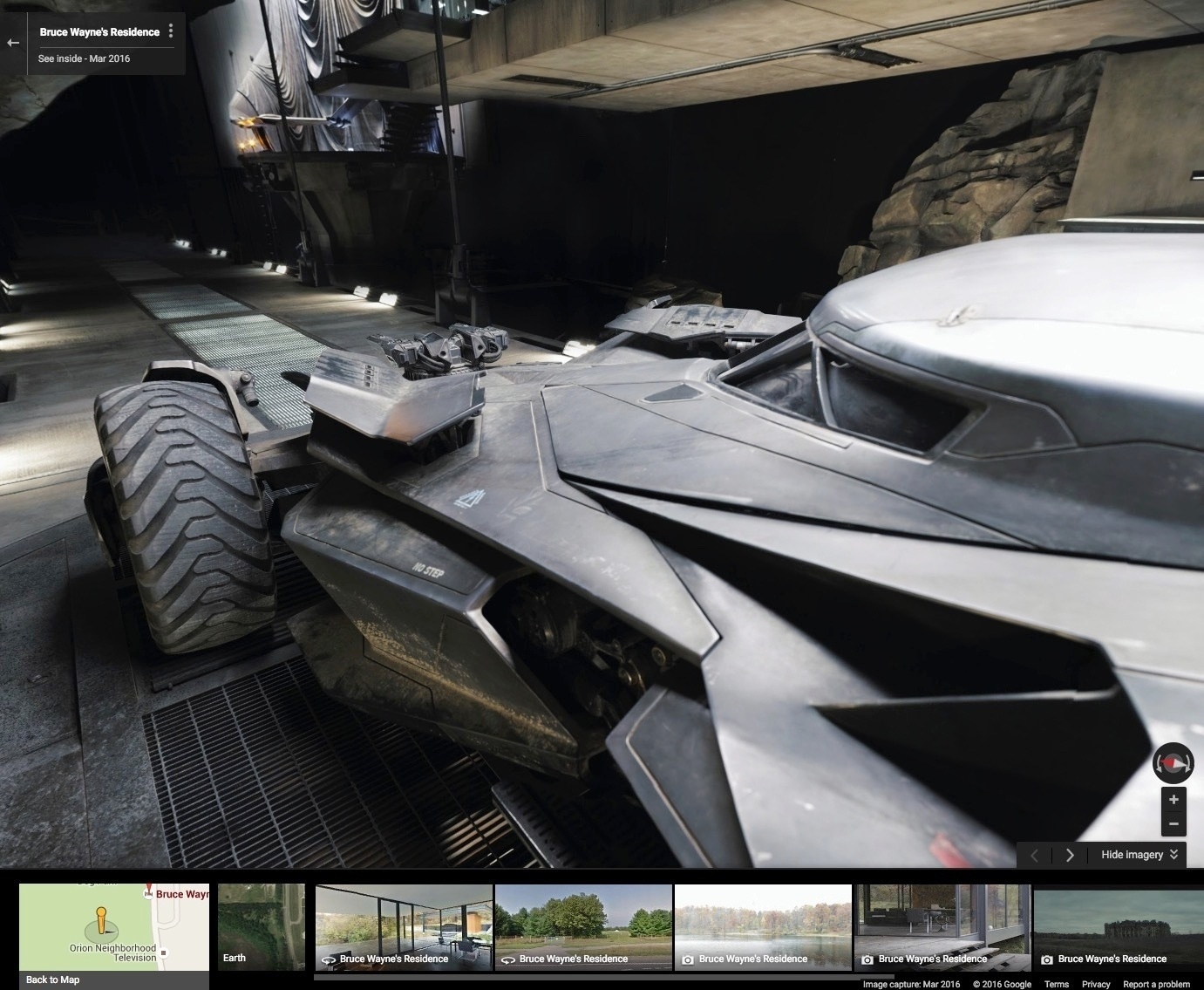 Google Street View permite visitar o cenário da Batcaverna no filme "Batman Vs Superman: A Origem da Justiça" - Reprodução/Google Street View