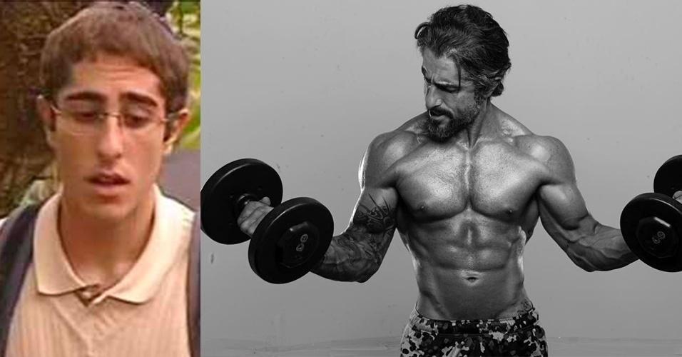 O apresentador Marcos Mion assume que é um apaixonado por exercícios físicos e alimentação saudável. Ele, inclusive, costuma usar as redes sociais para apresentar os resultados e explicar a sua dedicação ao fisiculturismo. Na primeira imagem, ele fazia um dos personagens do seriado "Sandy & Junior" - Reprodução/Youtube e Reprodução/Instagram