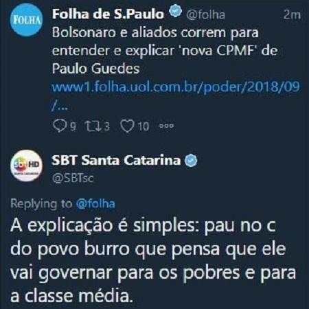 Perfil do SBT de Santa Catarina publica tweet contra Jair Bolsonaro - Reprodução/Twitter - Reprodução/Twitter