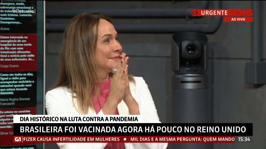 Maria Beltrão chorou ao conversar com uma brasileira que recebeu a vacina hoje - Reprodução/GloboNews