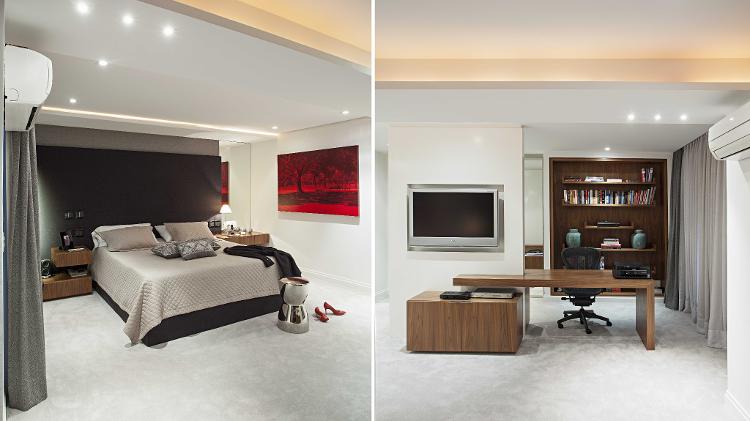 No quarto de casal, uma parede de drywall separa a cama dos closets e banheiros. Além de acomodar a TV, a estrutura oca aloja e esconde toda a fiação necessária para os equipamentos usados na bancada do home office, instalada bem ao lado. O projeto, assinado pelas arquitetas Ieda e Carina Korman, da Korman Arquitetos (https://www.instagram.com/kormanarquitetos/), contempla móveis baixos, em ambos os lados da parede, onde são guardados pastas e documentos. O nicho para livros, logo atrás, fecha o mobiliário de trabalho, feito em marcenaria, com madeira freijó. - Gui Morelli - Gui Morelli