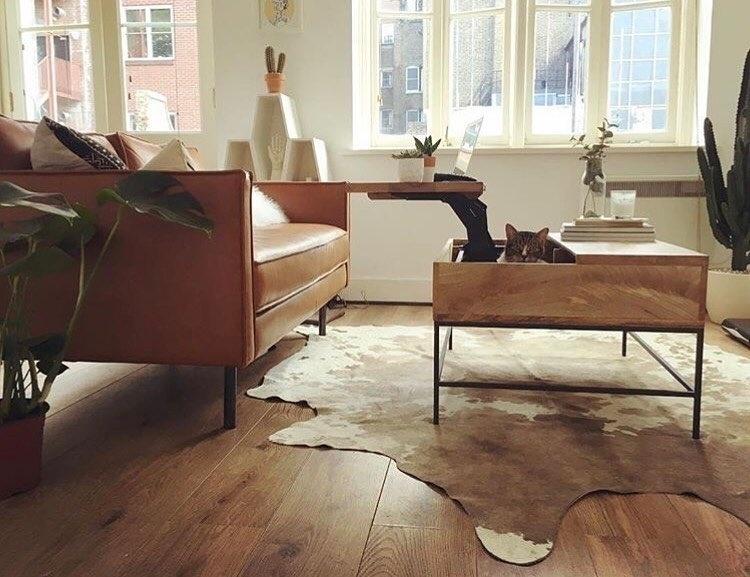 Plantas, madeira, um tapete que imita couro de gado e uma saída esperta para transformar a mesa em bandeja fazem o charme desta sala. O ambiente é rústico e... um gato, bem aconchegado no "ninho", banca o "dono do pedaço" cheio de estilo - Instagram/@westelmuk