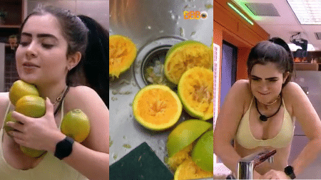 BBB 22: Jade Picon sofre para espremer laranja - Reprodução/Globoplay - Reprodução/Globoplay