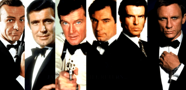 Da esq. para a dir.: Sean Connery, George Lazemby, Roger Moore, Timothy Dalton, Pierce Brosnan e Daniel Craig, intérpretes de James Bond no cinema