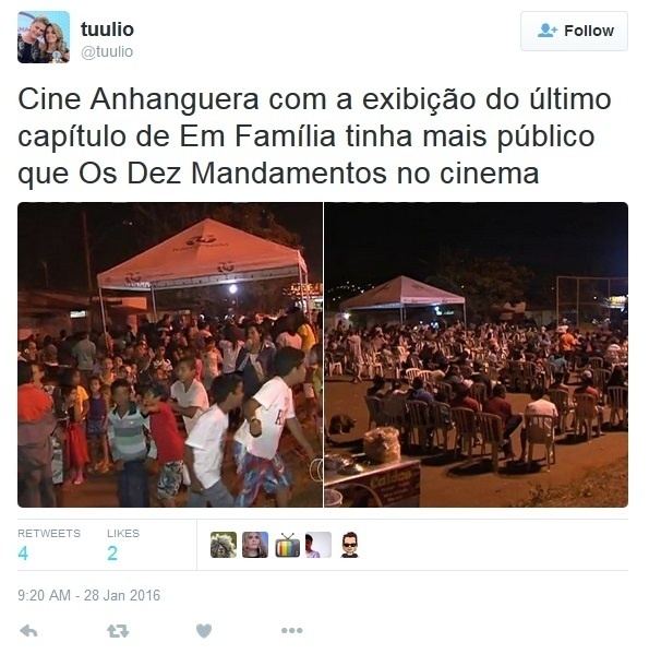 Internauta brinca com exibição do último capítulo da novela "Em Família", que teria feito mais sucesso que "Os Dez Mandamentos" - Reprodução/Twitter