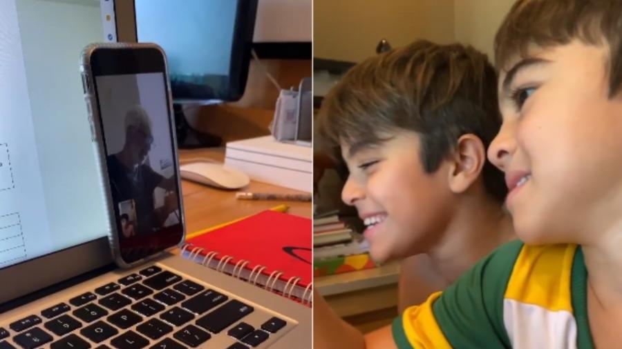 Filhos de Ju Paes, Pedro, 9 anos, e Antônio, 6, conversam com o pai dela, Carlos Henrique - Reprodução/Instagram