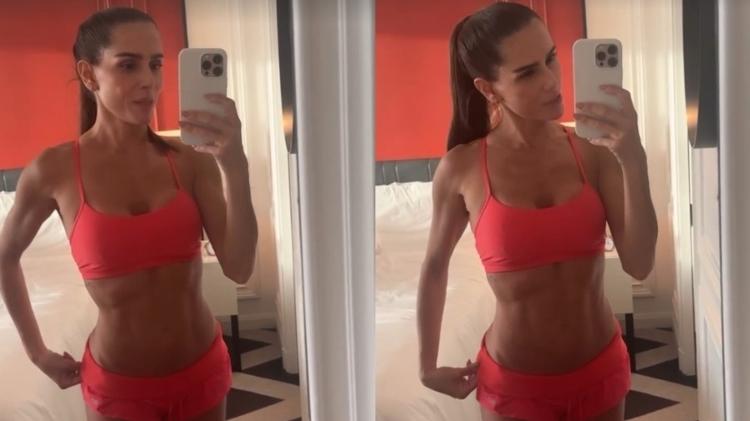 Deborah Secco exibe tanquinho após treino em viagem