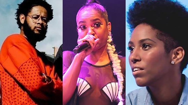 Emicida, Larissa Luz e Mahmundi juntos no palco do Shell Open Air  - Montagem UOL - Montagem UOL