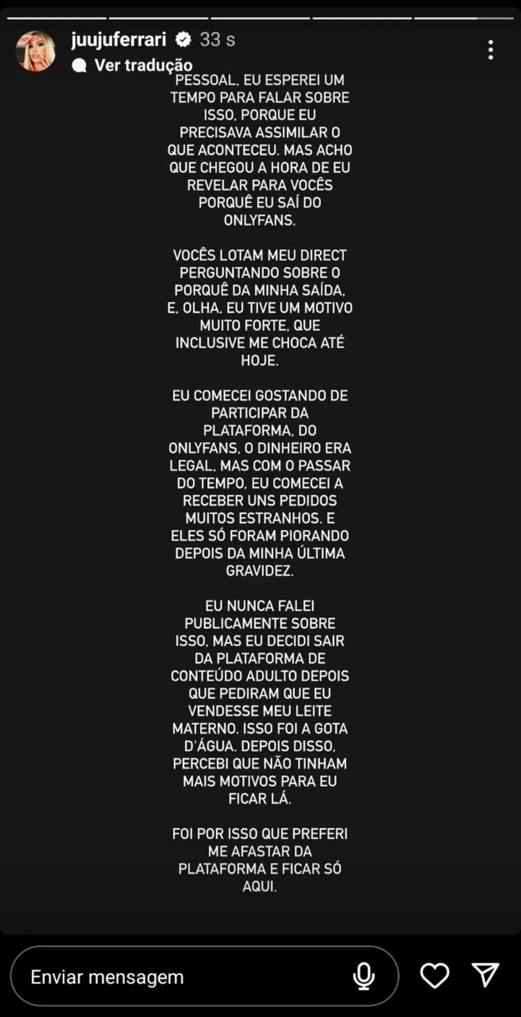 Juju Ferrari diz que deixou o OnlyFans após receber pedidos invasivos