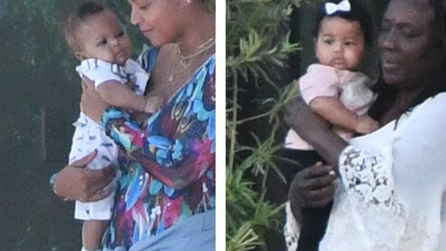 Beyoncé é vista com os gêmeos pela primeira vez; à esquerda, ela carrega o pequeno Sir e, à direita, a mãe da cantora leva a herdeira Rumi - Reprodução/Daily Mail