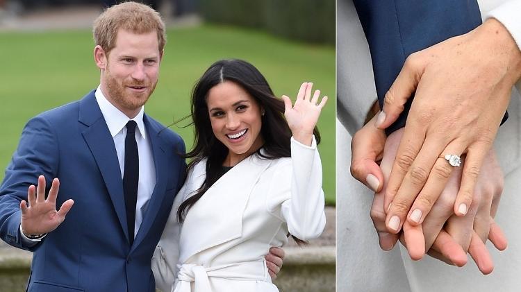 Príncipe Harry faz primeira aparição pública com a noiva, a atriz Meghan Markle; à direita, anel feto com diamantes da princesa Diana - Montagem/Eddie Mulholland/Reuters - Montagem/Eddie Mulholland/Reuters
