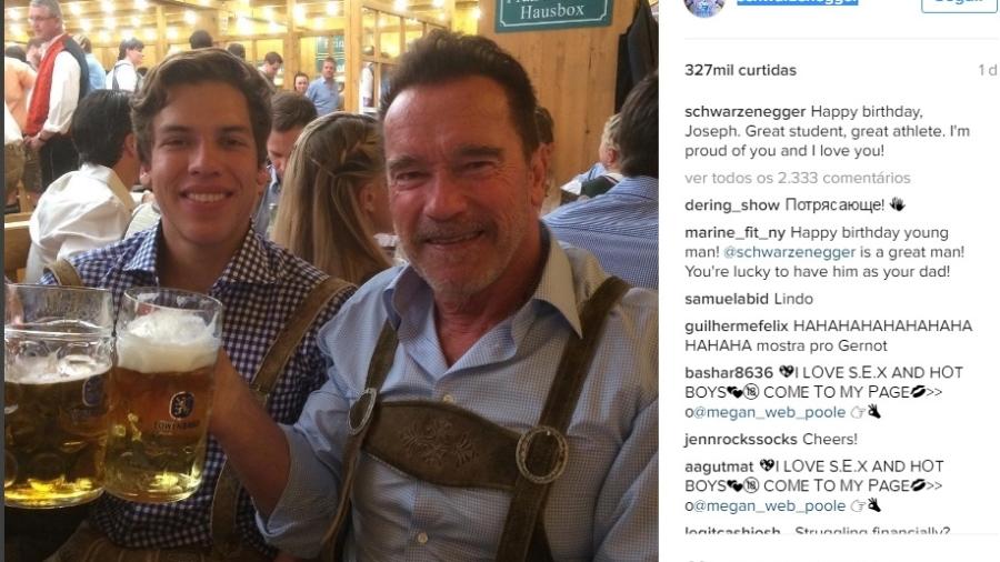 3.out.2016- Arnold Schwarzenegger comemora aniversário de 19 anos do filho Joseph Baena: "Grande estudante, grande atleta. Estou orgulhoso de você e eu te amo!", escreveu o ator, de 74 anos, sobre o jovem que é fruto de uma relação extraconjugal dele com sua empregada Mildrer Patricia Baena - Reprodução/Instagram