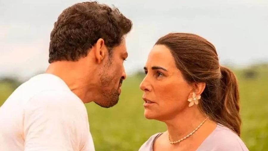 Caio (Cauã Reymond) e Irene (Gloria Pires) em Terra e Paixão - Globo