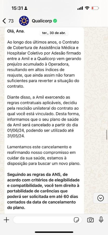 Mensagem que a mãe de Ana Lis recebeu da Qualicorp