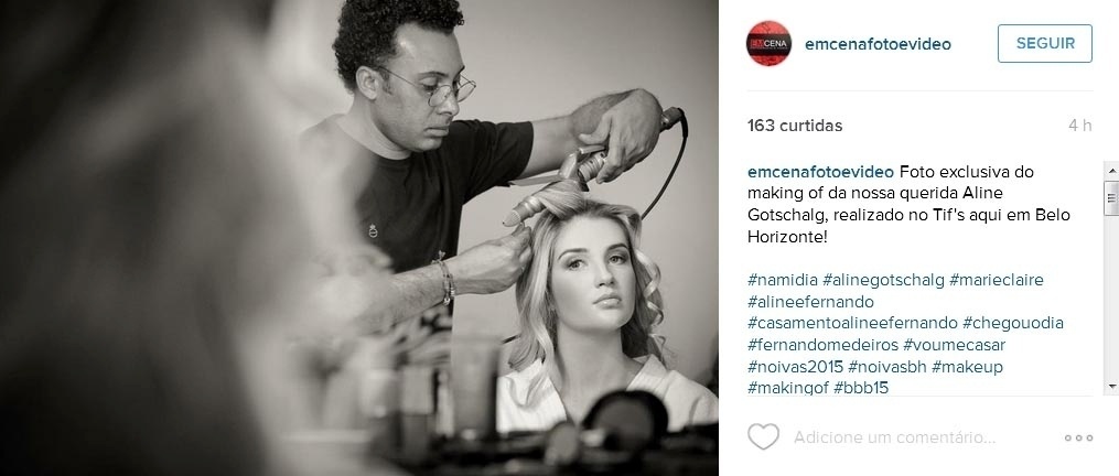 14.out.2015- Grávida do primeiro filho, a ex-BBB Aline Gotschalg se prepara para seu casamento com Fernando Medeiros em Belo Horizonte, Minas Gerais - Reprodução/Instagram/emcenafotoevideo