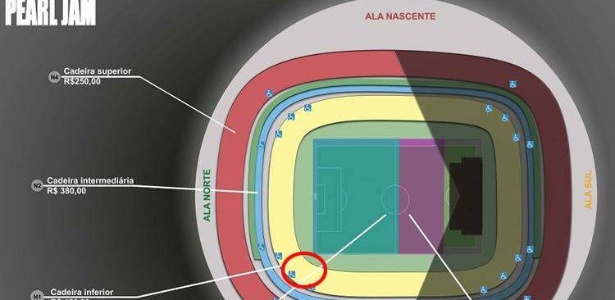 Mapa de assentos do show do Pearl Jam no estádio Mané Garrincha, em Brasília. A apresentação aconteceu no dia 17 de novembro de 2015 - Divulgação - Divulgação