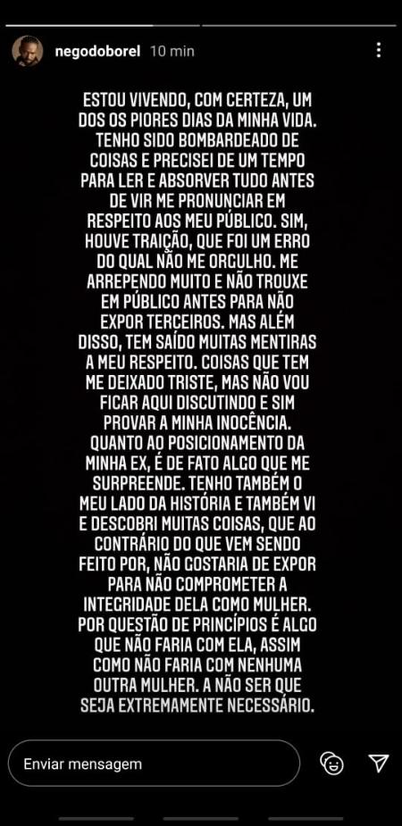 Desabafo de Nego do Borel nos stories do Instagram - Reprodução/Instagram - Reprodução/Instagram