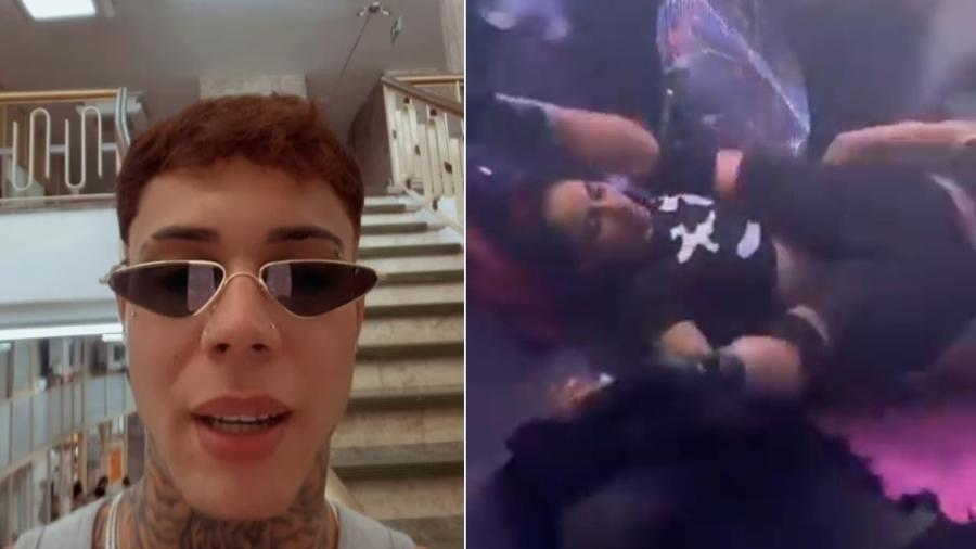 Sem querer, Jonas Kaik chutou o rosto de uma fã durante um show de MC Pipokinha - Reprodução/Instagram e Twitter