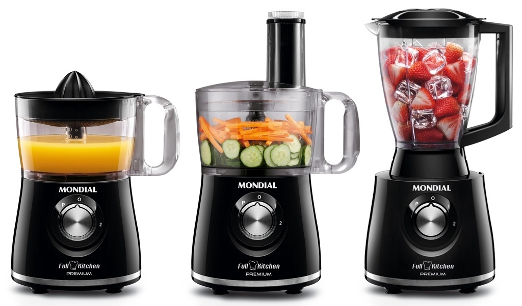 O Multiprocessador Full Kitchen Premium NMP-08, da Mondial (www.mondialine.com.br), é 3 em 1: processador, liquidificador e espremedor. O aparelho vem com acessórios para fatiar, picar, ralar, misturar, cortar em palito, espremer e liquidificar - Divulgação