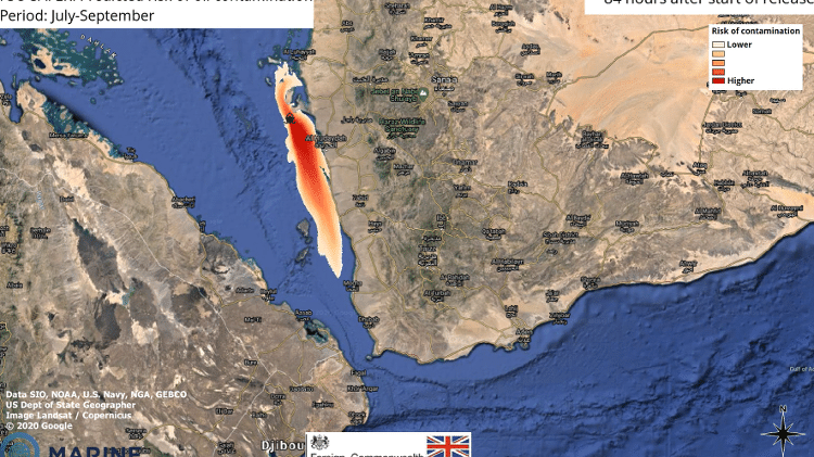 Mapa confeccionado por agência britânica mostra risco de vazamento do petroleiro no Mar Vermelho